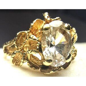 Ring 10kt Gold Leaf Pattern Stone Oval Crystal Quartz Vintage Resized Size 5.5